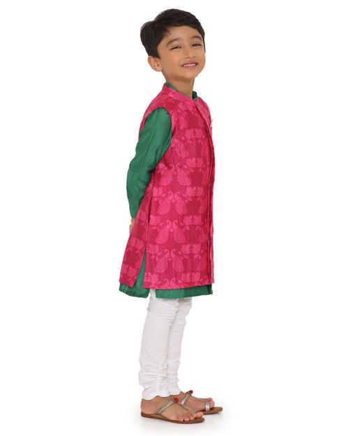 Panna Cotton Silk Green Block Printed Kurta with Pink Long Sherwani Jacket and Churidaar