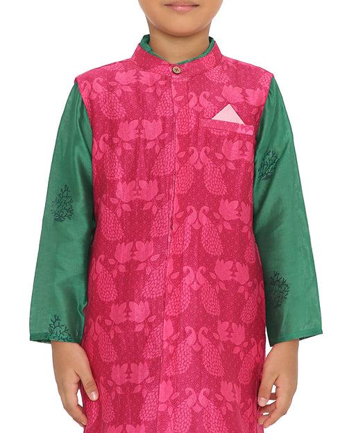 Panna Cotton Silk Green Block Printed Kurta with Pink Long Sherwani Jacket and Churidaar