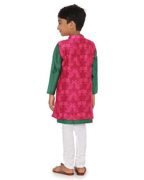 Panna Cotton Silk Green Block Printed Kurta with Pink Long Sherwani Jacket and Churidaar