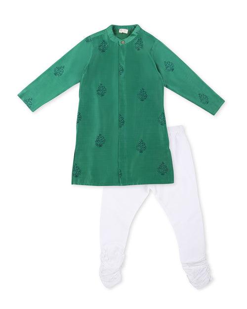 Panna Cotton Silk Green Block Printed Kurta with Pink Long Sherwani Jacket and Churidaar