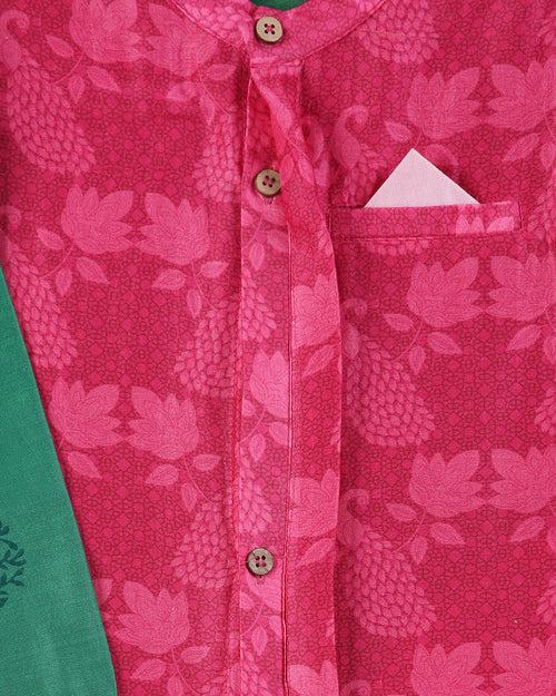 Panna Cotton Silk Green Block Printed Kurta with Pink Long Sherwani Jacket and Churidaar