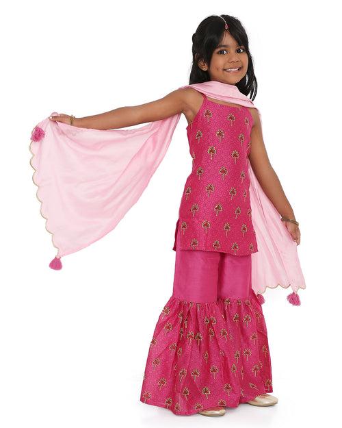 Maanik Cotton Silk  Block Printed Sharara Set with Scalloped Dupatta, Pink