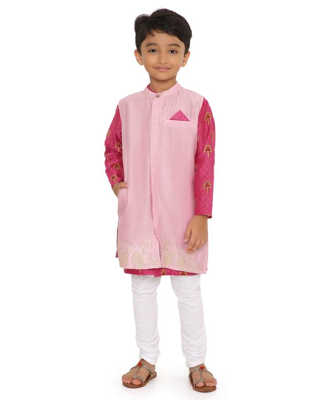 Maanik Cotton Silk Magenta Block Printed Kurta with Zari Embroidered Long Sherwani Jacket and Churidaar