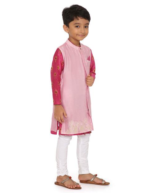 Maanik Cotton Silk Magenta Block Printed Kurta with Zari Embroidered Long Sherwani Jacket and Churidaar