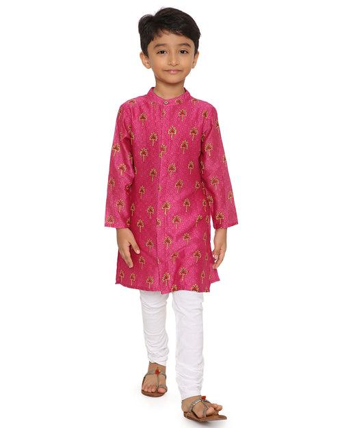 Maanik Cotton Silk Magenta Block Printed Kurta with Zari Embroidered Long Sherwani Jacket and Churidaar