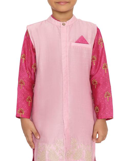 Maanik Cotton Silk Magenta Block Printed Kurta with Zari Embroidered Long Sherwani Jacket and Churidaar