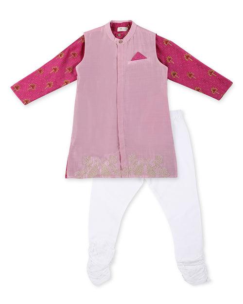 Maanik Cotton Silk Magenta Block Printed Kurta with Zari Embroidered Long Sherwani Jacket and Churidaar