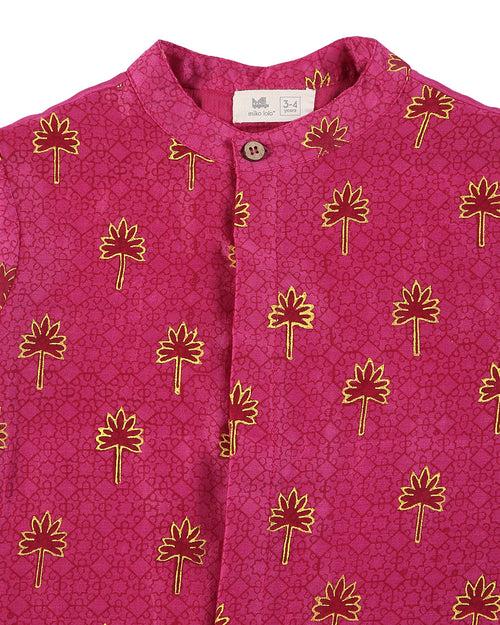 Maanik Cotton Silk Magenta Block Printed Kurta with Zari Embroidered Long Sherwani Jacket and Churidaar