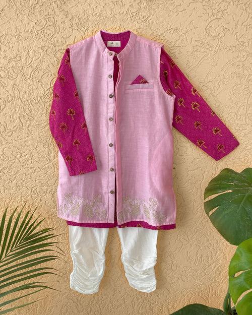 Maanik Cotton Silk Magenta Block Printed Kurta with Zari Embroidered Long Sherwani Jacket and Churidaar