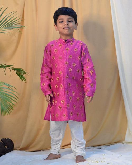 Maanik Cotton Silk Magenta Block Printed Kurta with Zari Embroidered Long Sherwani Jacket and Churidaar