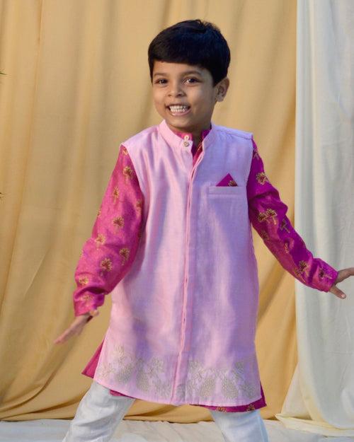 Maanik Cotton Silk Magenta Block Printed Kurta with Zari Embroidered Long Sherwani Jacket and Churidaar