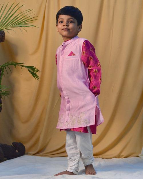 Maanik Cotton Silk Magenta Block Printed Kurta with Zari Embroidered Long Sherwani Jacket and Churidaar