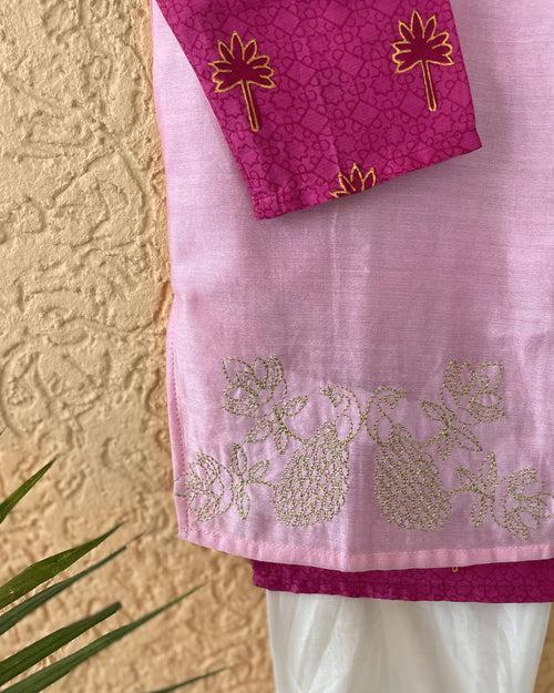 Maanik Cotton Silk Magenta Block Printed Kurta with Zari Embroidered Long Sherwani Jacket and Churidaar