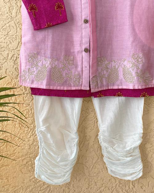 Maanik Cotton Silk Magenta Block Printed Kurta with Zari Embroidered Long Sherwani Jacket and Churidaar