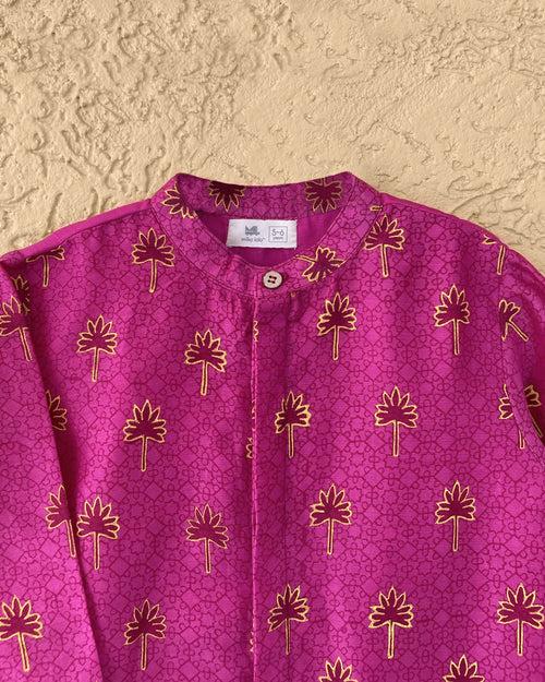 Maanik Cotton Silk Magenta Block Printed Kurta with Zari Embroidered Long Sherwani Jacket and Churidaar