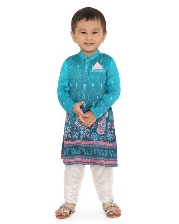 Firoza Cotton Silk Printed Sherwani with Churidaar, Turquoise Blue