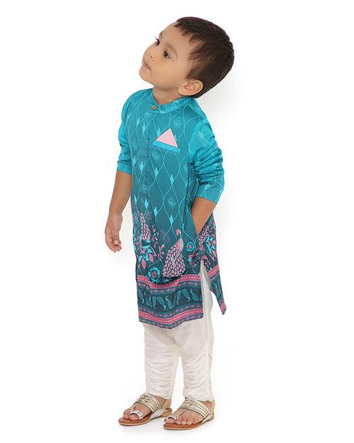 Firoza Cotton Silk Printed Sherwani with Churidaar, Turquoise Blue