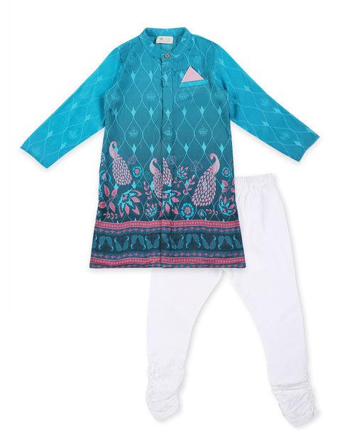 Firoza Cotton Silk Printed Sherwani with Churidaar, Turquoise Blue