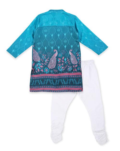 Firoza Cotton Silk Printed Sherwani with Churidaar, Turquoise Blue