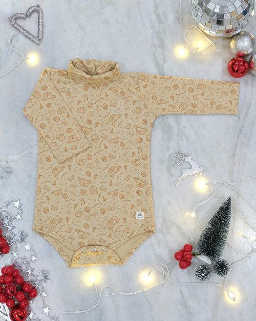 Toffee Nut Cotton Terry Printed Unisex Turtleneck Onesie, Mustard