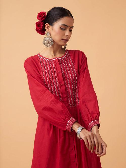 Red Pintuck Kurta Set