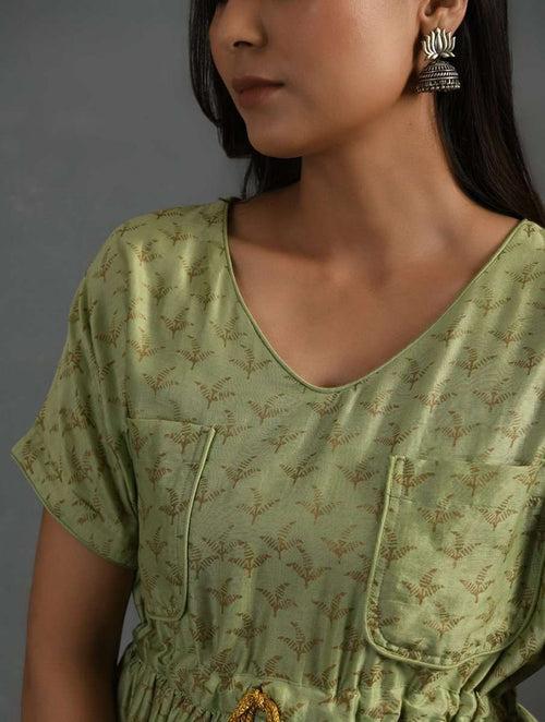 Green Block Printed Handwoven Chanderi Maxi Dress