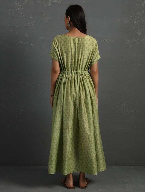 Green Block Printed Handwoven Chanderi Maxi Dress