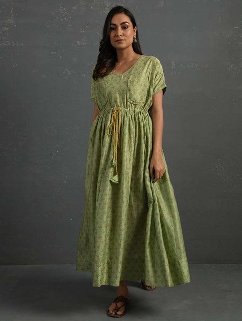 Green Block Printed Handwoven Chanderi Maxi Dress