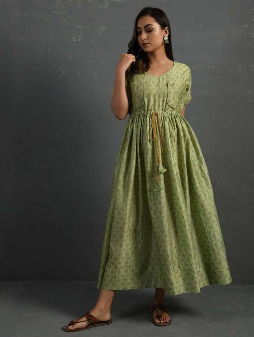 Green Block Printed Handwoven Chanderi Maxi Dress