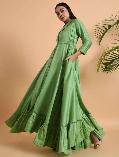Green Cotton Silk Jacket Dress