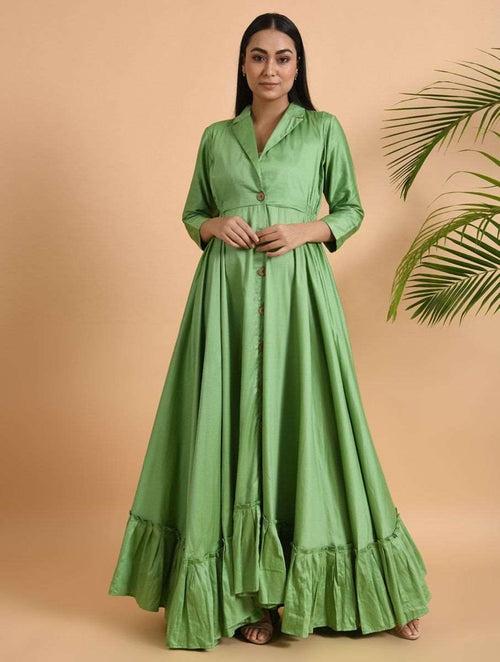 Green Cotton Silk Jacket Dress