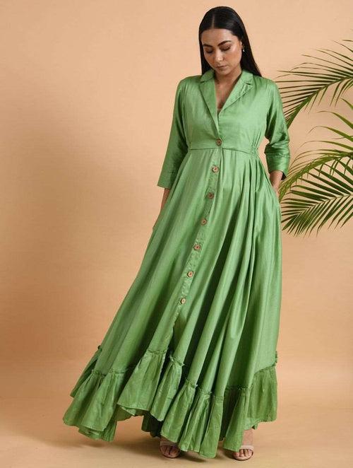 Green Cotton Silk Jacket Dress