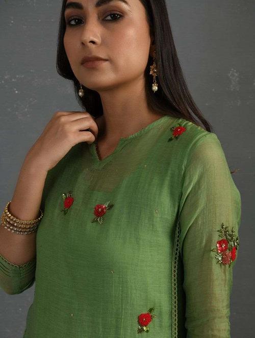 Green Hand embroidered Kurta Set (Set of 4)