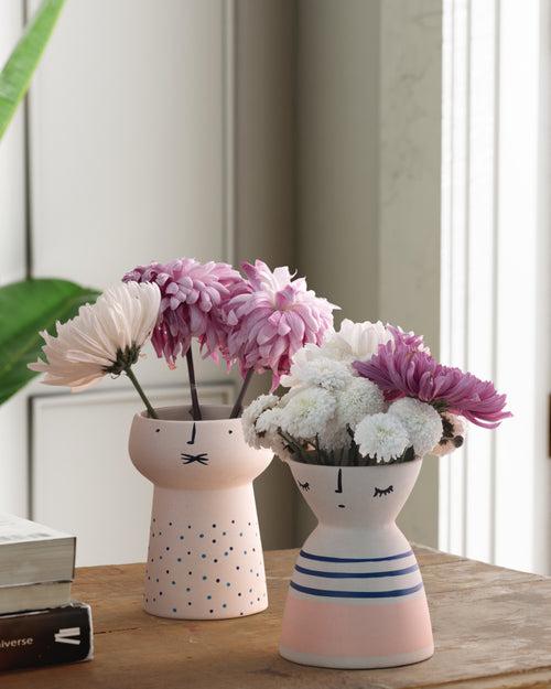 Ceramic Flower Vase (Set of 2) Pink Colour Block Blue Dots 5x4