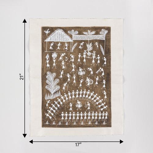 Warli Painting Community Gathering Music & Dance - 17x21 Unframed