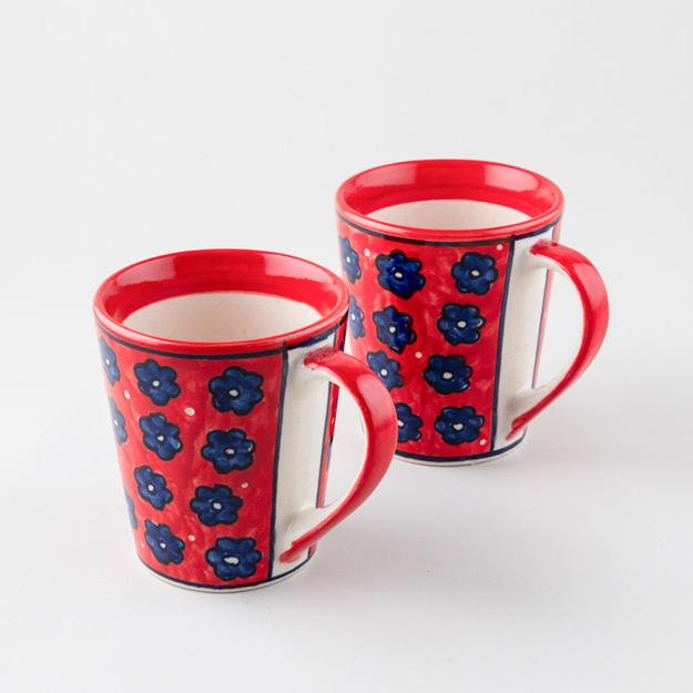 Red Floral Ceramic Coffee Mug - Set of 2 (Large)