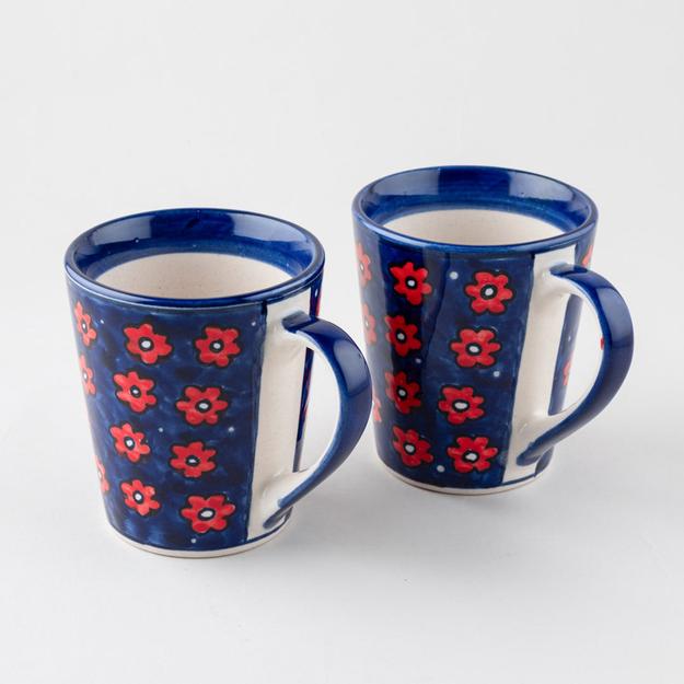 Blue Floral Ceramic Coffee Mug - Set of 2 (Large)