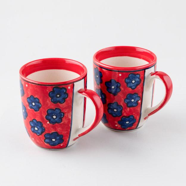 Red Floral Ceramic Coffee Mug - Set of 2 (3 x 3.75 inches)