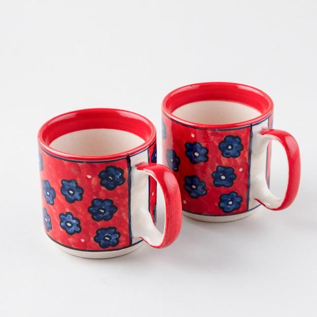 Red Floral Ceramic Coffee Mug - Set of 2 (Small)