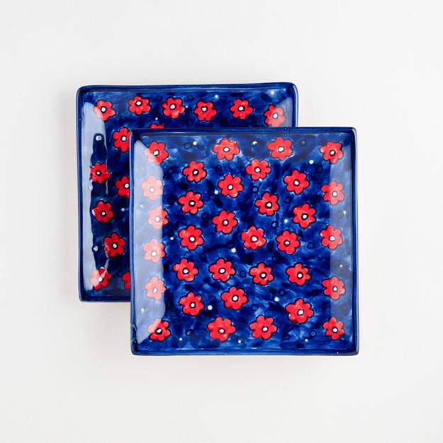 Red and Blue Floral Ceramic Square Serving Platter Set of 2