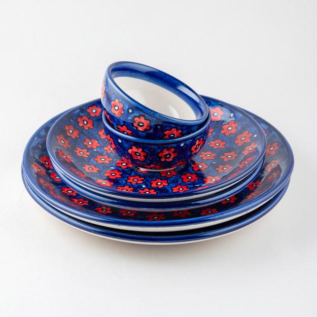 Floral Red and Blue Hand-Painted 6-Piece Ceramic Dinner Set