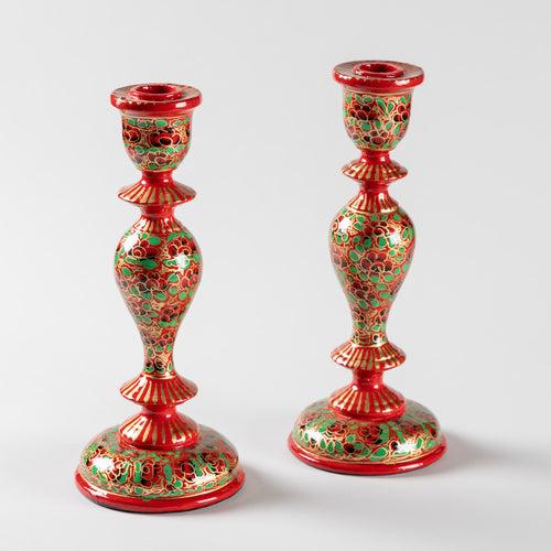 Hand Painted Papier Mache Candle Stands Red, Green - 9.5 x 4