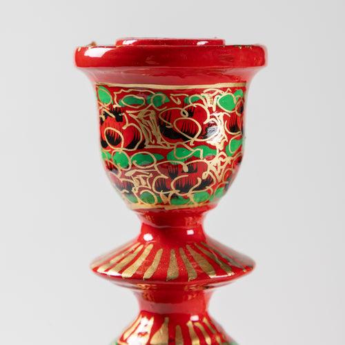 Hand Painted Papier Mache Candle Stands Red, Green - 9.5 x 4