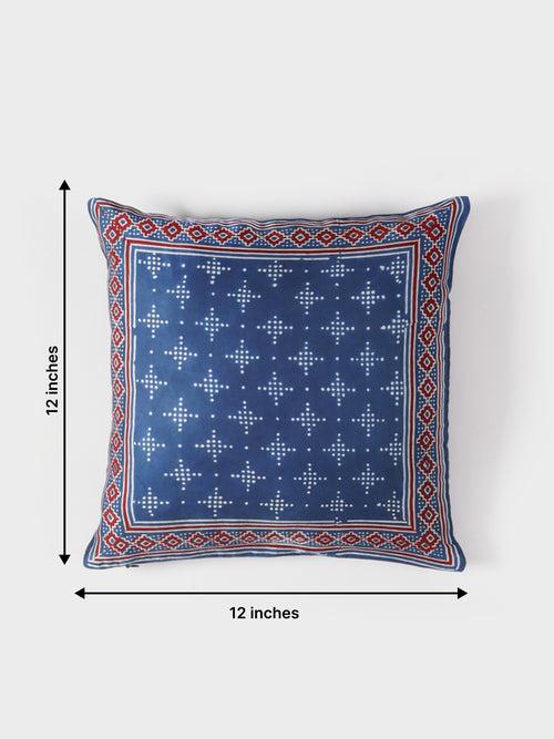 Modal Silk Ajrakh Cushion Cover Indigo, Madder & White - 12x12