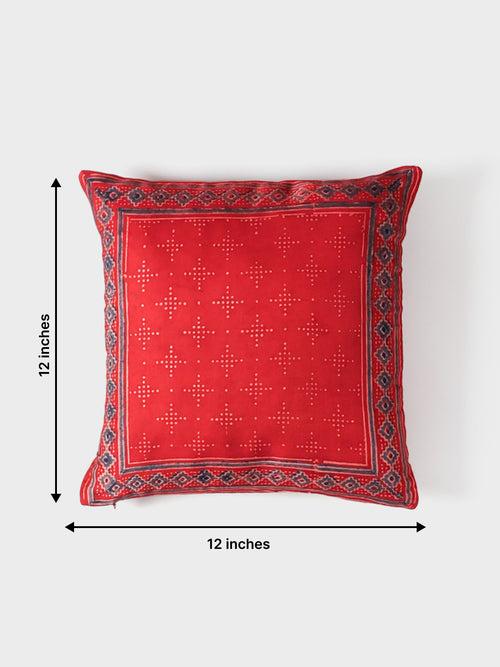 Ajrakh Modal Silk Cushion Cover Red Indigo Border - 12x12