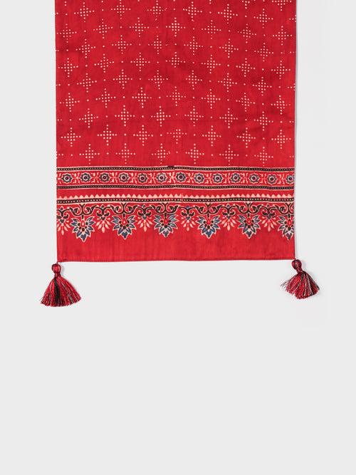 Red with Indigo Border Ajrakh Printed Modal Silk Table Runner 13x60