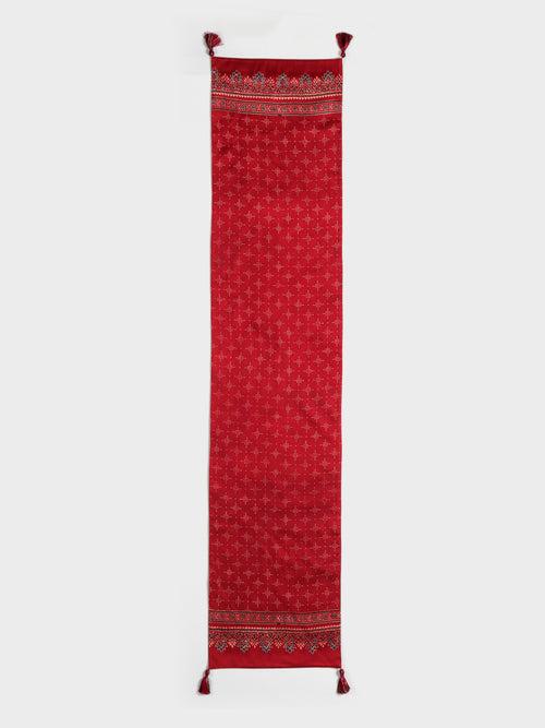 Red with Indigo Border Ajrakh Printed Modal Silk Table Runner 13x60