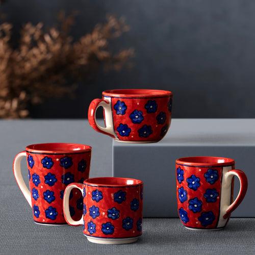 Red Floral Ceramic Coffee Mug - Set of 2 (3 x 3.75 inches)