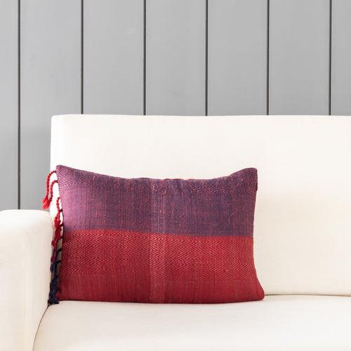 Handwoven Upcycled Red & Blue Wool & Oak Silk Cushion Cover - 12x18