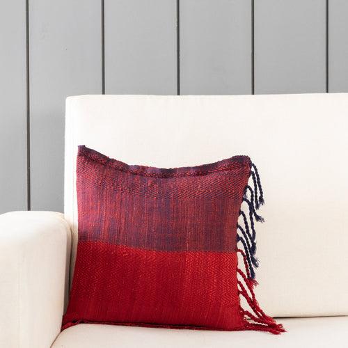 Handwoven Upcycled Red & Blue Wool & Oak Silk Cushion Cover - 12x12